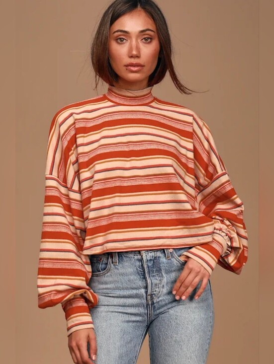 Free People Tops - Free People | 'Steph' Coral Red Multi Striped Long Sleeve Tee, Size S